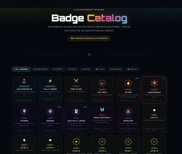 The image shows a page from a website with various badges displayed. These badges are associated with different games, including "Minecraft", "Jenga", "Bows & Arrows", and more. The website's purpose seems to be promoting gaming or providing information about games, as indicated by the presence of these badges on the webpage. The post mentions that the badge catalog is for beta users who want to contribute game testing or provide input on new releases, offering an opportunity for gamers to leave their feedback and help improve the gaming experience.