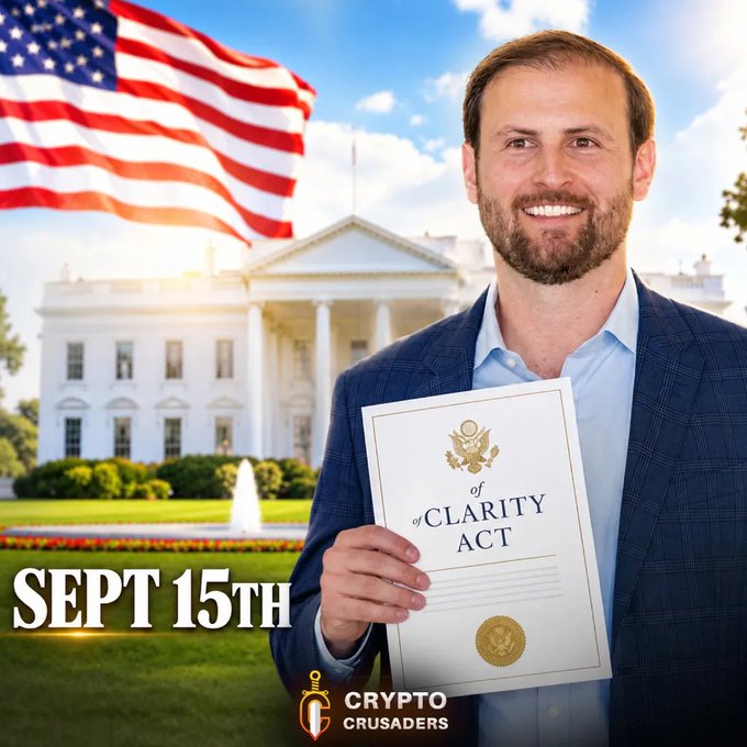 Crypto Crusaders promotional image featuring a man in a suit holding a 'CLARITY ACT' document in front of the White House with an American flag, dated 'SEPT 15TH'.