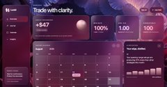 A dark-themed financial or trading dashboard with the heading "Trade with clarity," displaying performance metrics of +$47 and 100%, along with a line chart and "Top edge Battles" section.