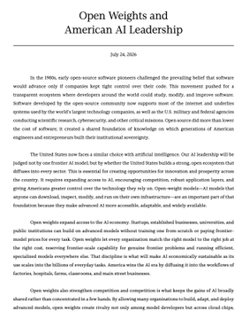 A black and white newspaper article titled 'Open Weights and American AI Leadership' dated July 24, 2026, discussing the history and importance of open-source software and AI.