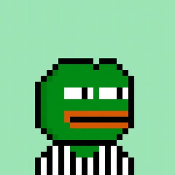 A pixelated green frog-like character with a wide orange mouth wears a black and white striped shirt against a light green background.