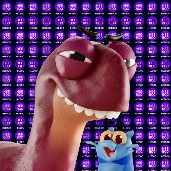 A 3D-rendered purple worm-like creature with large eyes and a toothy grin stands against a purple background patterned with 'HEE BOO HEEBOO' badges, with a small blue cartoon character beside it.