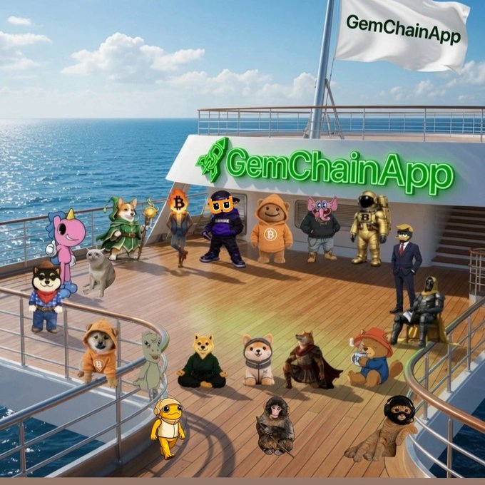 A promotional image for 'GemChainApp' featuring various NFT characters and crypto mascots gathered on the deck of a yacht.