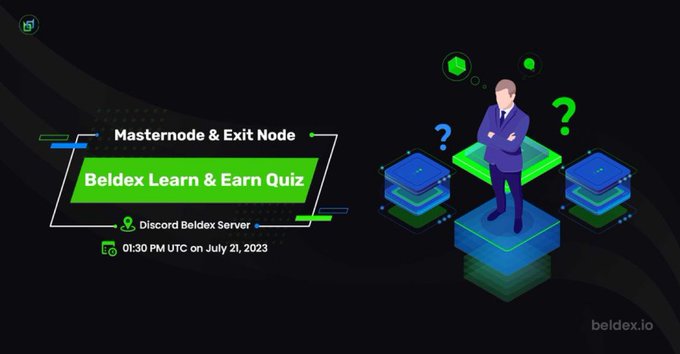 A promotional banner for the Beldex Learn & Earn Quiz on Masternode & Exit Node, held on the Discord Beldex Server at 01:30 PM UTC on July 21, 2023, featuring a man in a suit surrounded by floating server icons and question marks, with the beldex.io logo in the corner.
