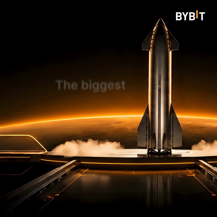 The image shows a large rocket launch in progress, with smoke billowing from its nozzle as it ascends into space above a planet or moon. The backdrop of this scene is an orange gradient with a blur effect giving the impression that the rocket is flying through outer space. Below the rocket and on the left side of the image are three horizontal lines intersecting at a point, appearing to be connected by a bridge-like structure. In addition, there are two vertical lines running down from the center towards the bottom portion of the image. At the very top of this frame is the text "Bybit" in black lettering. This seems to be an advertisement for a program that offers financial rewards or cash-back for referring others to participate in space exploration missions like the one depicted in the image.