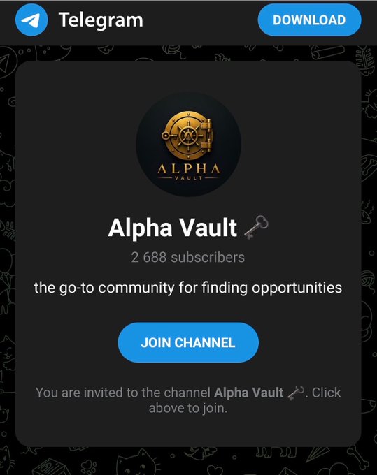 A Telegram channel preview for "Alpha Vault" (2,688 subscribers), described as "the go-to community for finding opportunities," with a gold vault logo and a prominent "Join Channel" button. The image complements the post by visually showcasing the Web3 community channel that offers whitelist spots, ambassador programs, bounties, and upskilling resources highlighted in the caption.