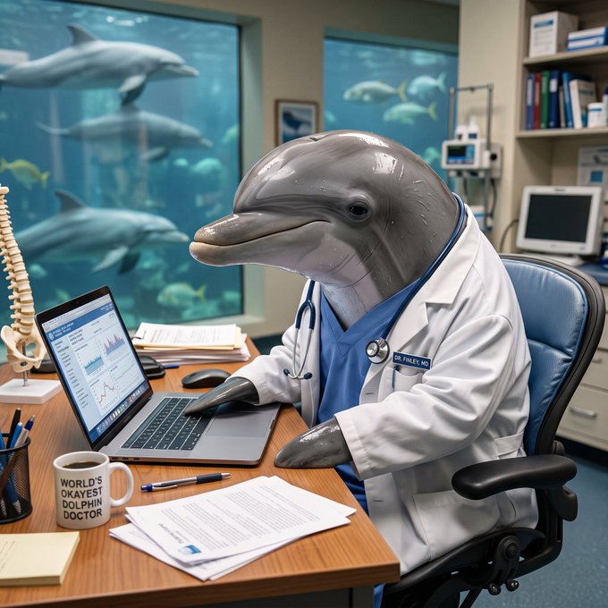 An anthropomorphic dolphin wearing a white lab coat with a stethoscope sits at a desk working on a laptop, with a coffee mug reading "WORLD'S OKAYEST DOLPHIN DOCTOR" and a name tag reading "DR. FRECK, MD," visually personifying the "aqua doctor" command introduced in Agentic AQUA 0.5.1 as a playful diagnostic tool for keeping configurations healthy.