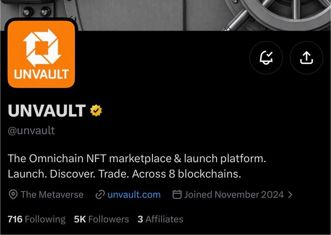The image shows the Twitter/X profile page of "UNVAULT" (@unvault), an Omnichain NFT marketplace and launch platform across 8 blockchains, with 5K Followers and joined November 2024. The post context indicates this profile is being shared as an early alpha opportunity for a free mint "Genesis Bugz" collection of 5,000 supply on ETH, with partner collections receiving WL allocation.