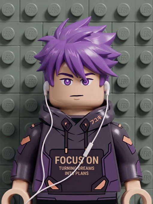A 3D-rendered LEGO minifigure character with spiky purple hair, wearing a dark hoodie with orange accents and white earbuds, standing against a wall of LEGO studs; the hoodie bears the text 'FOCUS ON TURNING DREAMS INTO PLANS'.