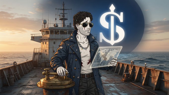 An illustrated man wearing sunglasses stands on a ship's deck holding a glowing digital tablet displaying a map, with a stylized 'S' dollar sign logo prominently shown.