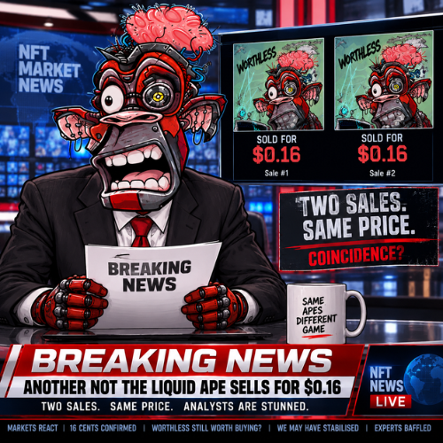 An NFT market news graphic parodying breaking news coverage, featuring a monkey character reporting 'TWO SALES. SAME PRICE. COINCIDENCE?' about two Worthless NFT sales at $0.16.