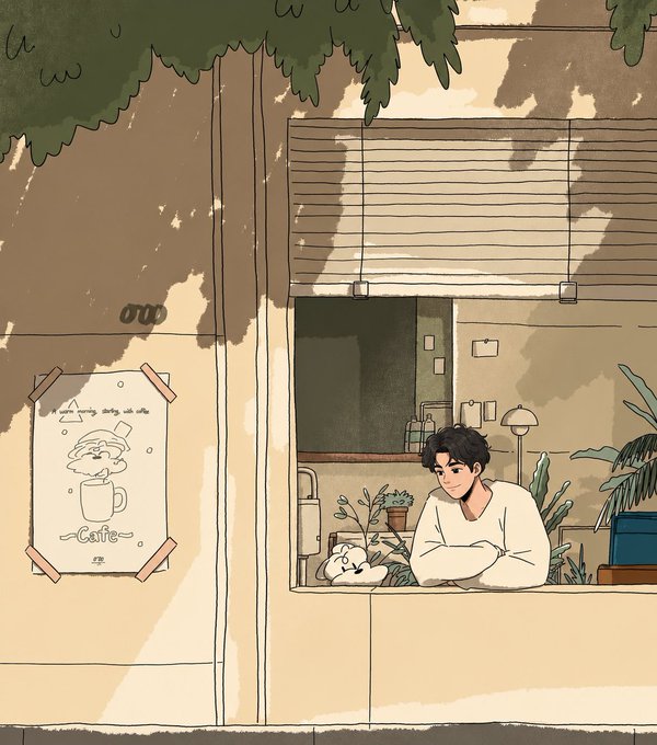 Illustration of a young man in a white sweater leaning on a window ledge of a cafe, with a small white cat and potted plants nearby, and a 'Coffee' sign taped to the exterior wall under tree shadows.