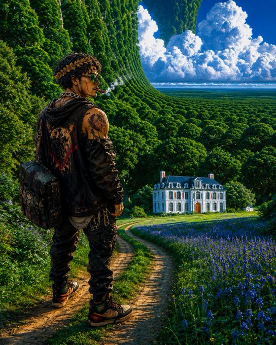 A tattooed figure wearing a laurel crown and spiked backpack stands on a forest path, smoking and gazing toward a distant white mansion surrounded by a field of bluebonnets beneath towering green hills. The opulent estate juxtaposed with the rugged wanderer evokes a "degen gangster" aesthetic of ambition, wealth, and wandering through an alternate-world luxury landscape.