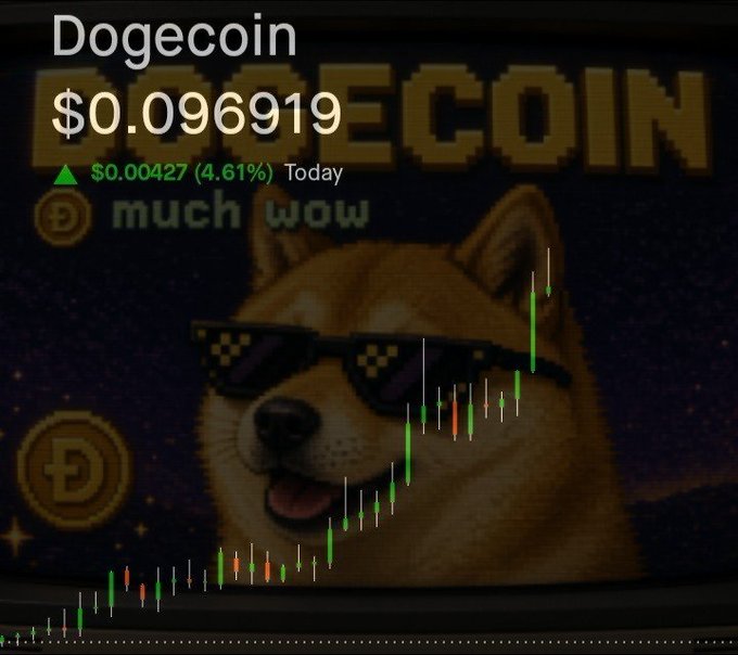 A cryptocurrency graphic showing Dogecoin at $0.096919, up $0.00427 (4.61%) today, featuring the iconic Shiba Inu 'Doge' meme wearing pixelated sunglasses with 'much wow' text and a green candlestick chart overlay.
