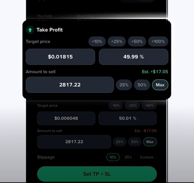 A mobile app interface for setting a 'Take Profit' and 'Stop Loss' order, showing target prices, percentages, and an 'Est. +$17.05' value, with a green 'Set TP + SL' button at the bottom.