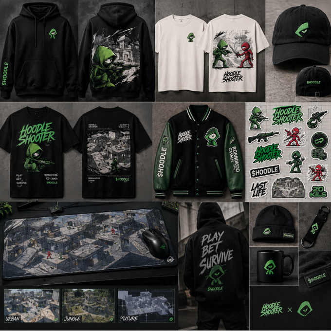 A merchandise layout displaying 'HOODLE SHOOTER' branded apparel and accessories, including hoodies, t-shirts, jackets, caps, a mousepad, and stickers featuring a green-hooded character.