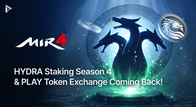 A promotional banner for the video game 'MIR4' featuring a multi-headed hydra creature on a glowing pedestal, with text reading 'HYDRA Staking Season 4 & PLAY Token Exchange Coming Back!' and a dragon coin emblem.