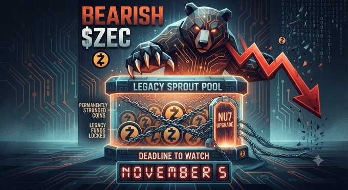 A graphic titled 'BEARISH $ZEC' showing a robotic bear over a chained 'LEGACY SPROUT POOL' with text about 'PERMANENTLY STRANDED COINS,' 'LEGACY FUNDS LOCKED,' and a 'DEADLINE TO WATCH NOVEMBER 5.'
