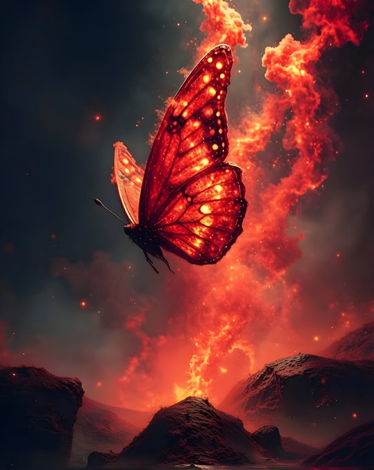 A dramatic digital artwork of a monarch butterfly emerging from flames and lava against a dark sky.