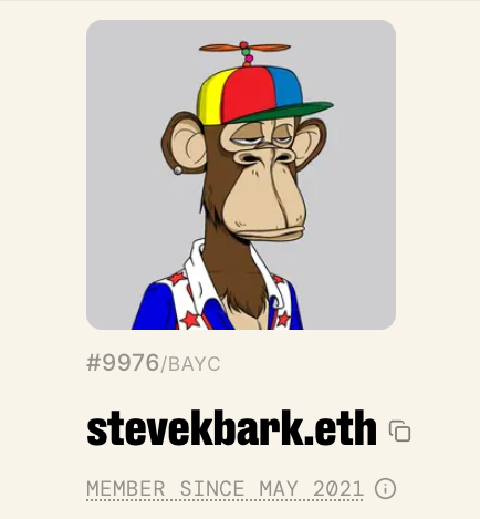 The image features a cartoon monkey wearing a colorful hat, which appears to be a baseball cap with a propeller design. The monkey is dressed in a blue shirt and white pants, giving off an impression of a hipster or eccentric character. The caption below the image reads "stevekarketh eth member since May 2021". This caption suggests that the monkey might have been a member of the BAYC community for quite some time, as indicated by the date provided in the caption.