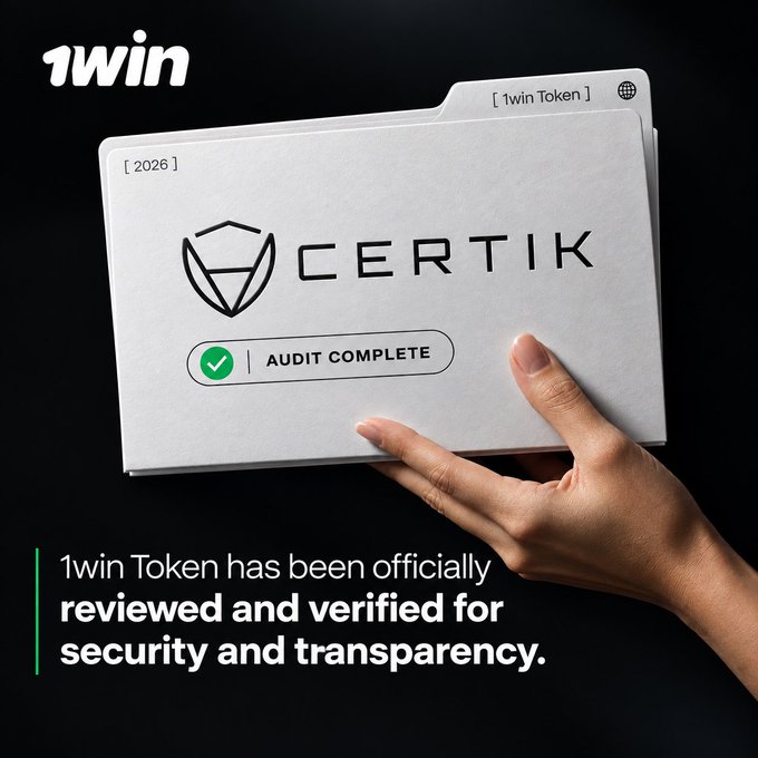 A promotional image for 1win Token featuring a folder labeled 'CERTIK AUDIT COMPLETE' held by a hand, with text stating the token has been reviewed and verified for security and transparency.