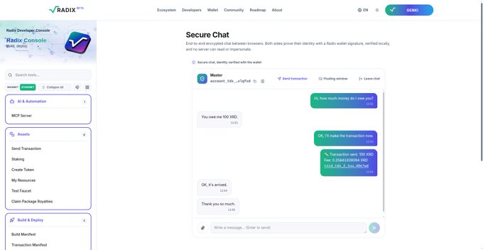 A screenshot of the Radix BETA website showing a 'Secure Chat' demo on the Radix Console, with a conversation between 'Master' and another user discussing sending 100 XRD tokens, with a transaction link visible.