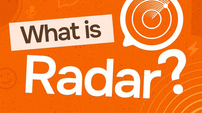 The image is a banner with an orange background featuring the text "What is Radar?" alongside a circular radar signal icon. It introduces "Radar," the newly launched app that integrates encrypted messaging with self-custodial Bitcoin payments, as mentioned in the accompanying post.