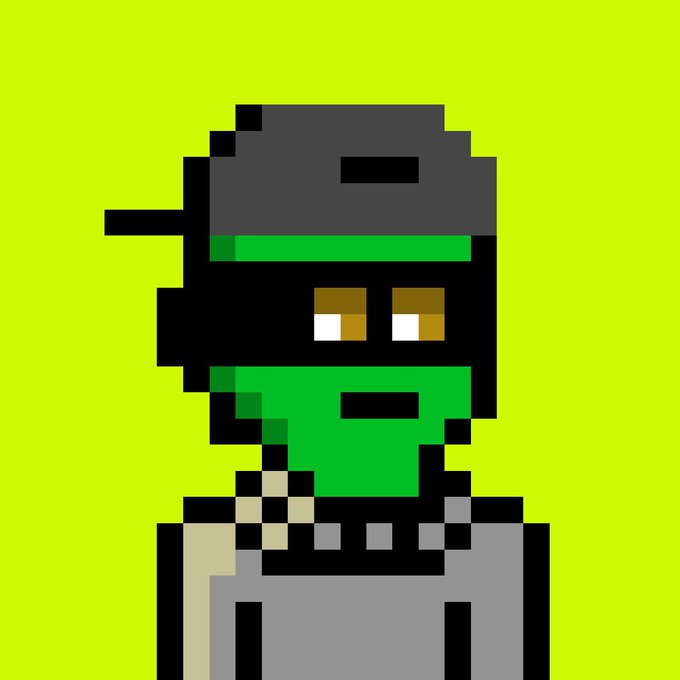 A pixel art character with dark skin, brown eyes, and a green bandana covering the lower half of their face stands against a bright lime-green background.