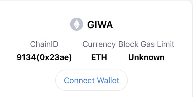 The image shows a GIWA network info card displaying ChainID 9134(0x23ae), currency ETH, and an unknown Block Gas Limit, with a "Connect Wallet" button. It appears to support the post's surprise about GIWA potentially being on mainnet, though the "Unknown" gas limit and likely non-functional state align with the user's comment about the RPC being down.
