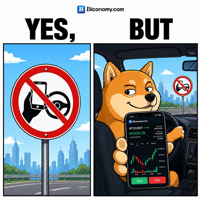 The image is a "Yes, But" meme from Biconomy.com showing a no-phone-while-driving sign on the left, contrasted with a Shiba Inu (Doge) character driving while checking BTC/USDT on the Biconomy app at $64,320.39 (+1.21%) on the right, humorously illustrating the caption's point about the irresistible urge to monitor crypto charts even behind the wheel.