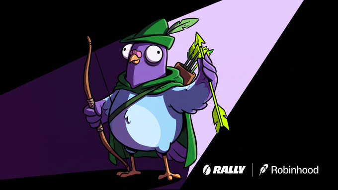 An illustration of a purple pigeon dressed as Robin Hood with a green hat and cape, holding a bow and arrows, displayed with the logos 'RALLY | Robinhood' in the bottom right corner.