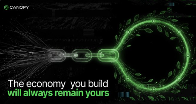 The image, branded with the "CANOPY" logo in the top left, depicts a glowing green chain breaking free from a rigid grey link, symbolizing liberation from restrictive systems. Bold text at the bottom reads "The economy you build will always remain yours," reinforcing the post's theme about how Canopy (CNPY) gives developers freedom and ownership over their own infrastructure rather than constraining them to one-size-fits-all designs.