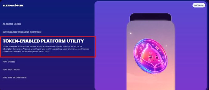 The image displays a webpage for Sleepagotchi highlighting its "Token-Enabled Platform Utility" section, where $SLEEP is used across the full ecosystem for AI Agent Layer integration, staking, and reward distribution. It connects to the accompanying post by showcasing the platform's $SLEEP token utility, which underpins the ongoing Season 3 contribution campaign offering $50K in tokens to top contributors.