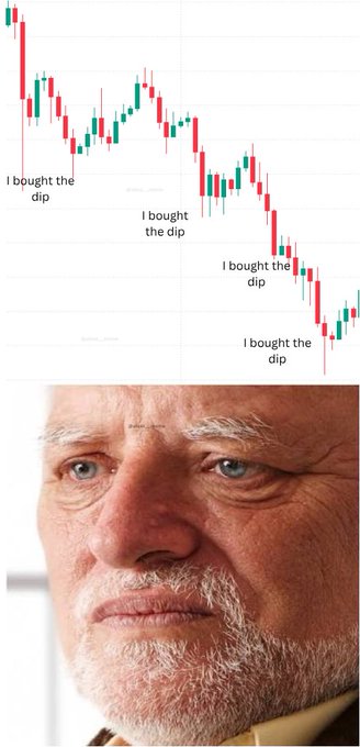 Meme showing a descending candlestick chart with repeated 'I bought the dip' annotations placed at progressively lower points, above a close-up photo of an older man's disappointed face.