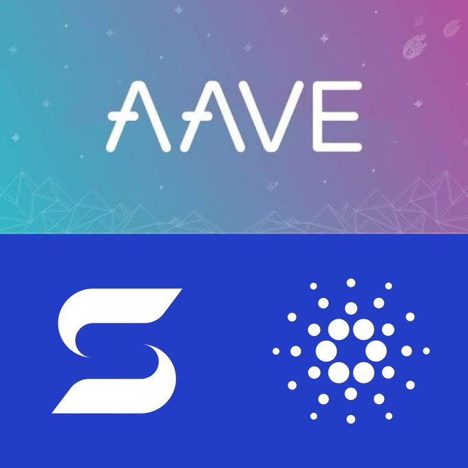 A split graphic showing the "AAVE" logo on a teal-to-pink gradient background above a blue section featuring the Sui (SUI) wave logo and the Cardano (ADA) dot logo.
