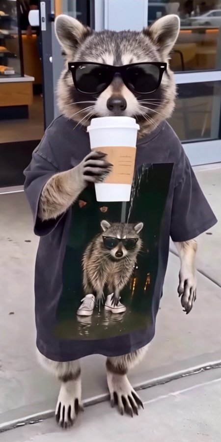 AI-generated or digitally manipulated image of an anthropomorphic raccoon wearing black sunglasses and a graphic t-shirt, while holding and drinking from a white paper coffee cup.