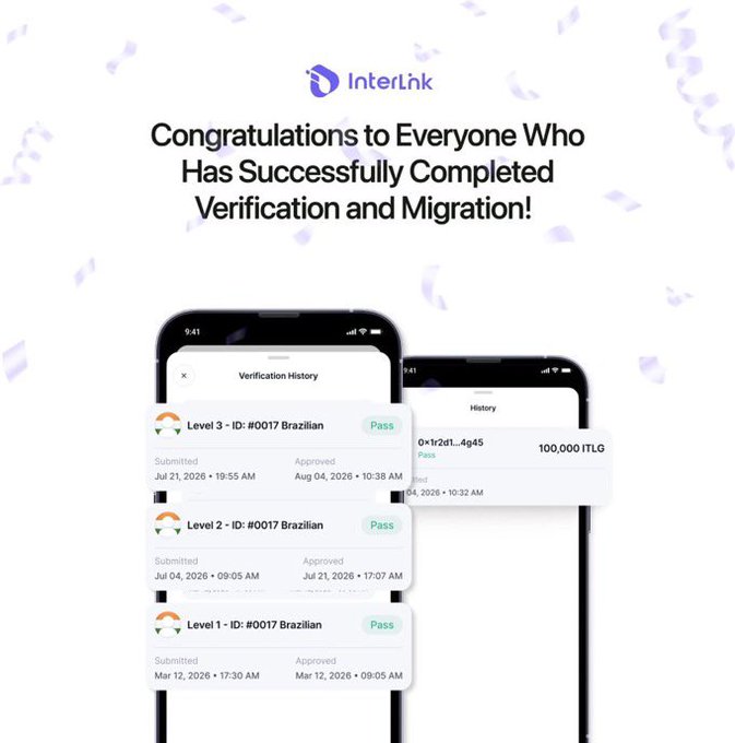 A promotional graphic from InterLink with the text 'Congratulations to Everyone Who Has Successfully Completed Verification and Migration!', showing two mobile phone screens displaying verification history and transaction details.
