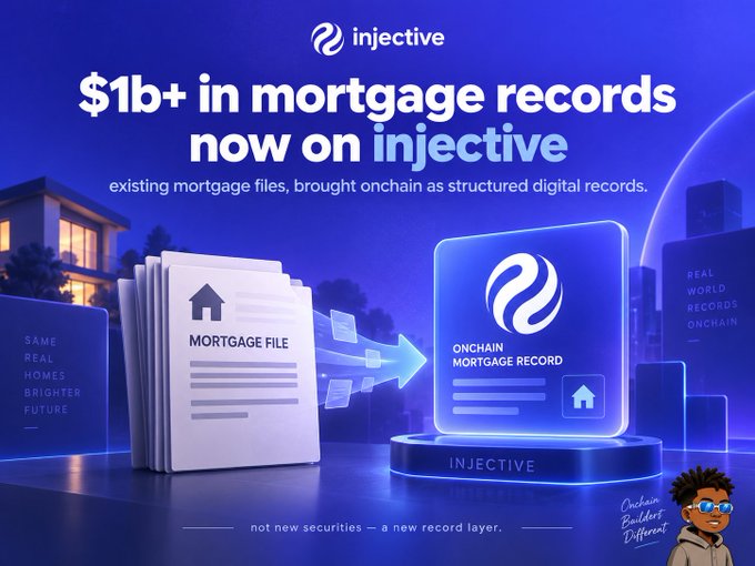 Promotional graphic for Injective blockchain featuring the headline '$1b+ in mortgage records now on injective' with text 'existing mortgage files, brought onchain as structured digital records' and 'not new securities — a new record layer.'