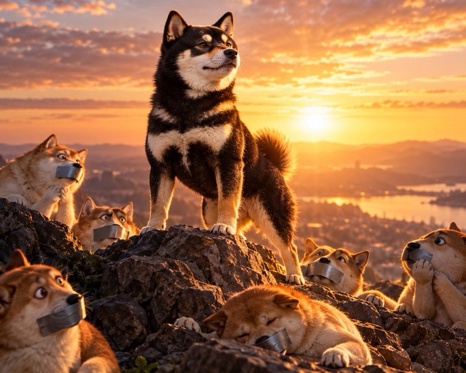 A Shiba Inu stands majestically on a rocky peak at sunset, overlooking a pack of Shiba Inus who appear to be wearing muzzles below.