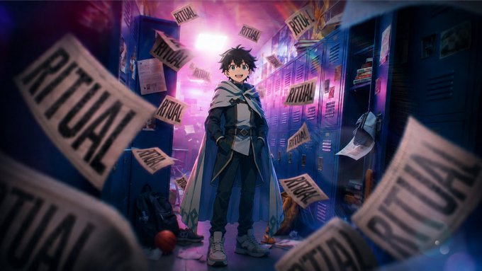 Anime-style illustration of a young protagonist standing in a school hallway surrounded by blue lockers and floating papers with the word 'RITUAL' stamped on them.