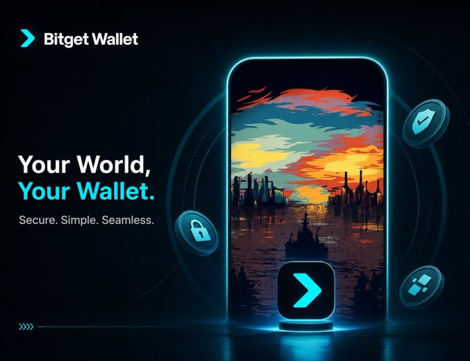 A Bitget Wallet promotional graphic features a smartphone displaying a vibrant cityscape at sunset, surrounded by floating icons representing security, verification, and network connectivity, with the tagline "Your World, Your Wallet. Secure. Simple. Seamless." reinforcing the wallet's promise of a streamlined Web3 experience.