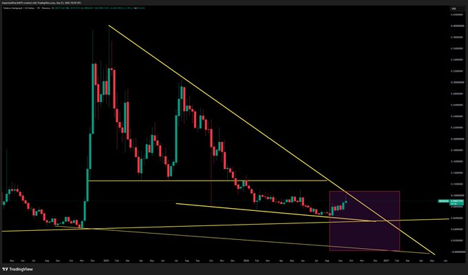 A TradingView candlestick chart of [memecointicker]/USDT showing a descending triangle pattern with yellow trendlines and a highlighted rectangular zone indicating potential consolidation.