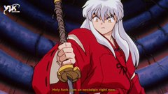 An animated character with long white hair and a red robe holding a sword, likely from the anime Inuyasha.