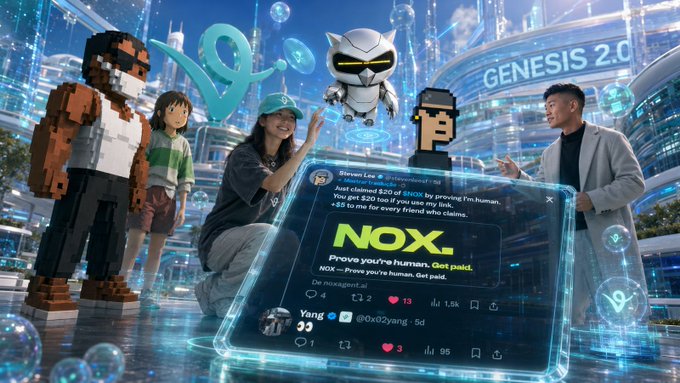 In this image, there is a post that promotes a virtual game called "NoX" by a person named @0x02yang. The post includes various characters like a man and woman, with some of them interacting with the post on social media platforms such as Twitter, indicating their engagement with the game or its content. A screenshot of a large screen displaying the text "$NOX" is also visible in the image. The overall scene appears to be an advertisement for the virtual gaming experience offered by NOX.