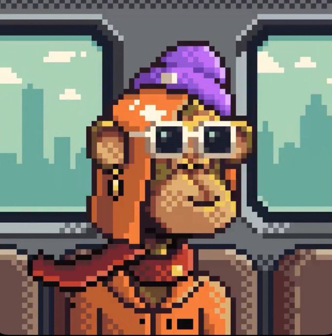 Pixel art depicting an orangutan or monkey character wearing a purple beanie, sunglasses, and gold jewelry, seated on a train with a city skyline visible through the windows.