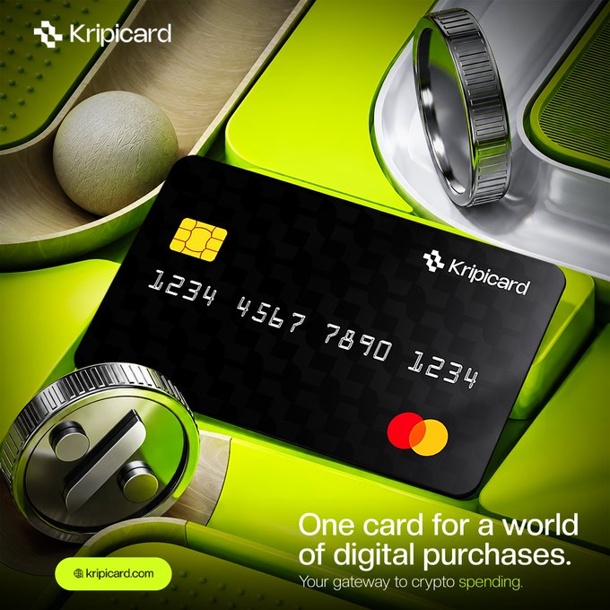 Advertisement for Kripicard, a black crypto debit card with Mastercard logo, displaying the number 1234 4567 7890 1234, with the tagline 'One card for a world of digital purchases. Your gateway to crypto spending.'