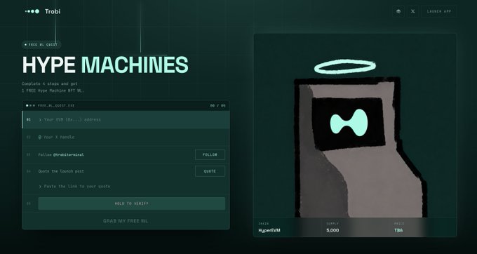 A digital interface for 'Trobi' titled 'HYPE MACHINES' displays a quest list to claim a free Hype Machine NFT WL, featuring a haloed robot character on the right.