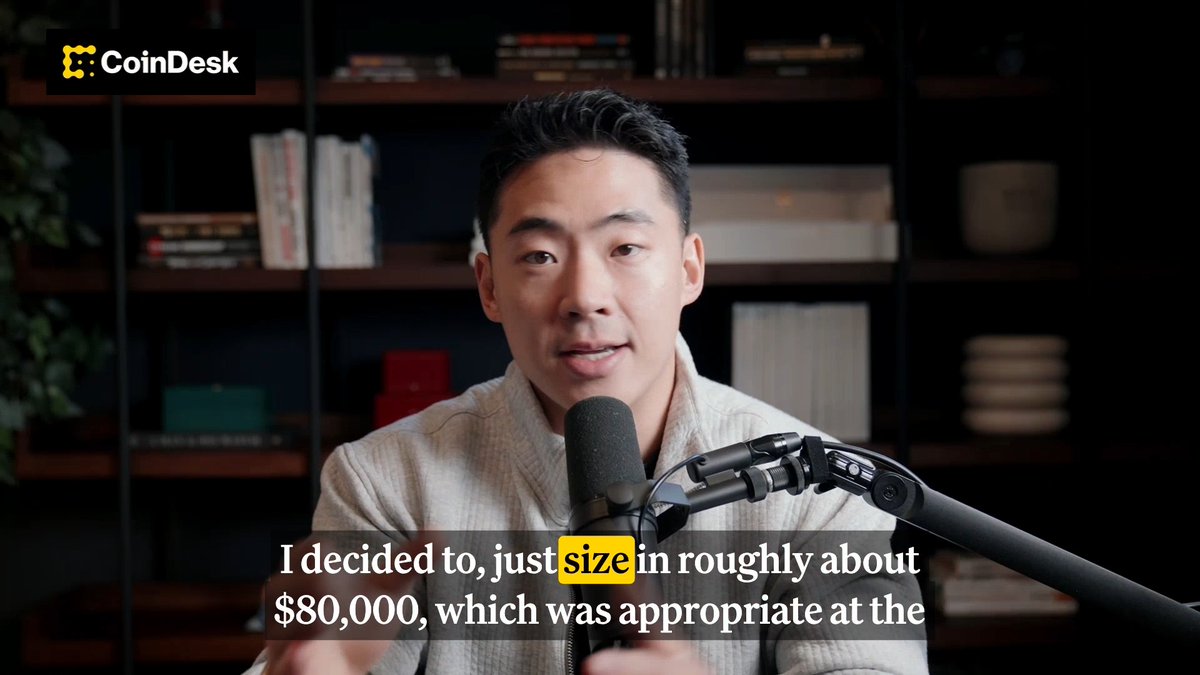 CoinDesk features an interview with the CEO of @kaizen on their Media Network, where he discusses sizing an $80,000 trade that turned into approximately $1.2 million on CASHCAT. The caption at the bottom reads "I decided to, just size in roughly about $80,000, which was appropriate at the..."

The image directly supports the post by showing the CEO himself explaining the trade details, while the yellow highlighted word "size" in the caption emphasizes the key concept of his trading strategy—how he determined the position size for his successful CASHCAT memecoin trade on Robinhood Chain.