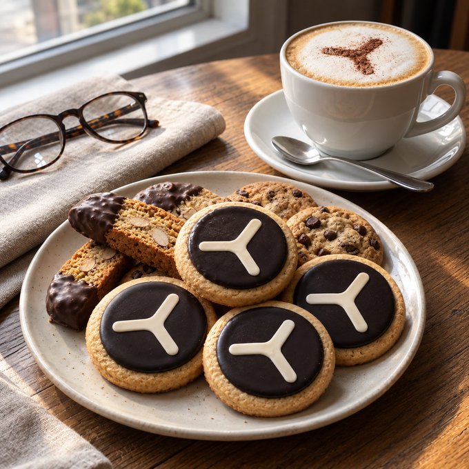 A cozy scene with a plate of chocolate-glazed cookies and biscotti, a cappuccino with chocolate powder art, reading glasses, and a book on a wooden table.