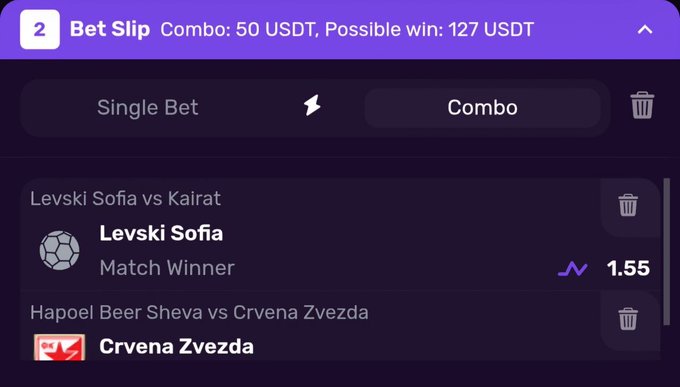 A mobile sports betting app screenshot showing a 'Bet Slip' for a 50 USDT combo bet with a possible win of 127 USDT, featuring single selections for Levski Sofia to win vs Kairat (odds 1.55) and Crvena Zvezda vs Hapoel Beer Sheva.
